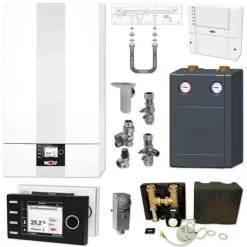 WOLF CGB-2 20 KW Gasbrennwert-Heizungspaket Mit Bedienmodul BM-2 In Schwarz Und Verrohrungsgruppe Mischkreis