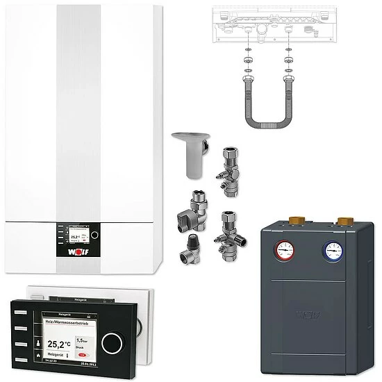 WOLF CGB-2 24 KW Gasbrennwert-Heizungspaket Mit Bedienmodul BM-2 In Schwarz Und Verrohrungsgruppe Heizkreis 1 WOLF CGB-2 24 KW Gasbrennwert-Heizungspaket Mit Bedienmodul BM-2 In Schwarz Und Verrohrungsgruppe Heizkreis