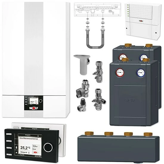 WOLF CGB-2 20 KW Gasbrennwert-Heizungspaket Mit Bedienmodul BM-2 In Schwarz Und Verrohrungsgruppen Heiz- & Mischkreis 1 WOLF CGB-2 20 KW Gasbrennwert-Heizungspaket Mit Bedienmodul BM-2 In Schwarz Und Verrohrungsgruppen Heiz- & Mischkreis