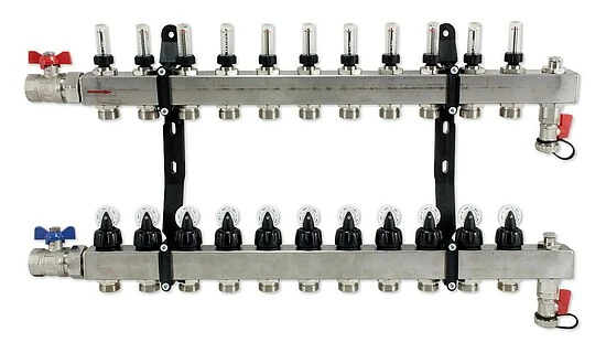 FBH-Verteiler 11-fach Aus Edelstahl Mit Topmeter, Entlüftung, Kugelhähnen Und Spülvorrichtung 1 FBH-Verteiler 11-fach Aus Edelstahl Mit Topmeter, Entlüftung, Kugelhähnen Und Spülvorrichtung