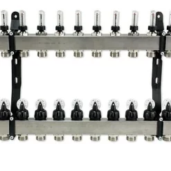 FBH-Verteiler 12-fach Aus Edelstahl Mit Topmeter, Entlüftung, Kugelhähnen Und Spülvorrichtung