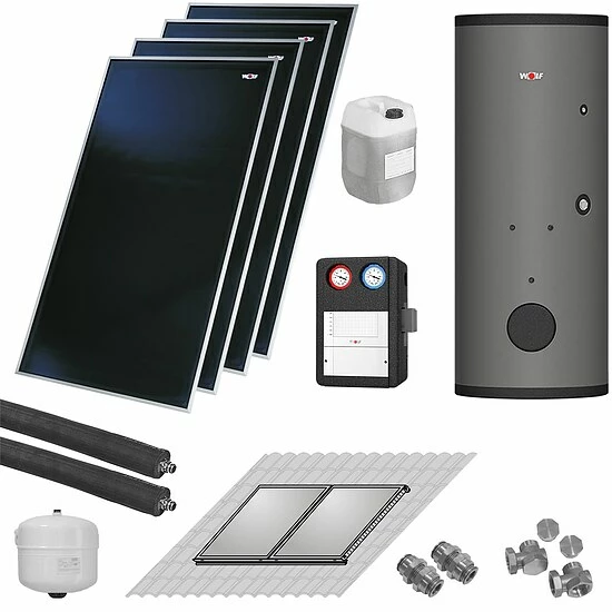 WOLF Solaranlage Mit 4 Stk. CFK-1 Kollektoren, SM1-2 Regelung Und Solarspeicher SEM-1-500 1 WOLF Solaranlage Mit 4 Stk. CFK-1 Kollektoren, SM1-2 Regelung Und Solarspeicher SEM-1-500