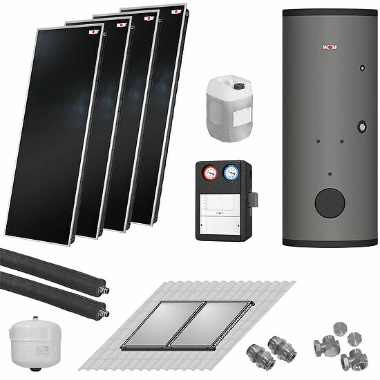 WOLF Solaranlage Mit 4 Stk. TopSon F3-1 Kollektoren, SM1-2 Regelung Und Solarspeicher SEM-1-500 - 7700965W10 1 WOLF Solaranlage Mit 4 Stk. TopSon F3-1 Kollektoren, SM1-2 Regelung Und Solarspeicher SEM-1-500 - 7700965W10