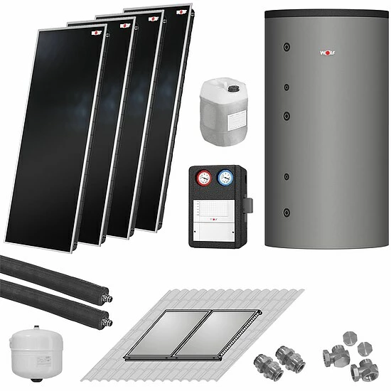 WOLF Solaranlage Mit 4 Stk. TopSon F3-1 Kollektoren, SM2-2 Regelung Und Pufferspeicher BSH-500 - 7700965W33 1 WOLF Solaranlage Mit 4 Stk. TopSon F3-1 Kollektoren, SM2-2 Regelung Und Pufferspeicher BSH-500 - 7700965W33