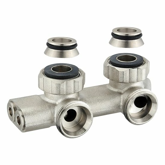 Zweirohr-Hahnblock In Winkelform - MIT UMLENKUNG - Bei Vertauschtem Vor- Und Rücklauf 1 Zweirohr-Hahnblock In Winkelform - MIT UMLENKUNG - Bei Vertauschtem Vor- Und Rücklauf