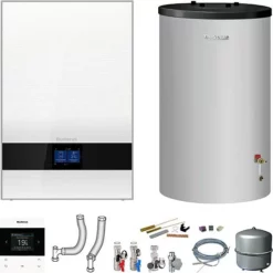 Buderus GB192i.2 Logaplus Gas-Brennwert Paket W50(E) Weiß Mit Regelung BC400, RC220 Und Edelstahl-Warmwasserspeicher ES120 - 25 KW - 7739621186